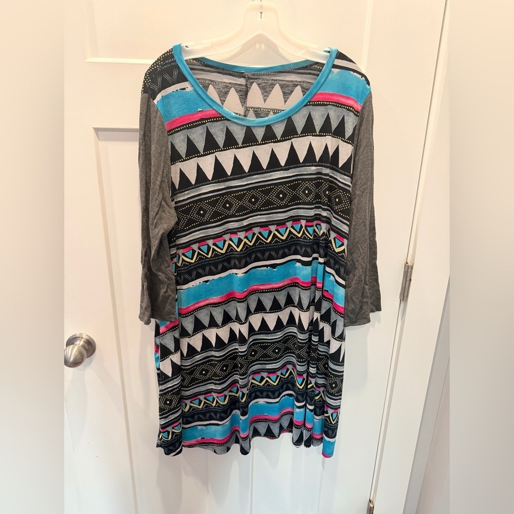 Aztec Print Swing Dress Womens Large Boho Geometric 3/4 Sleeve Flowy Dress